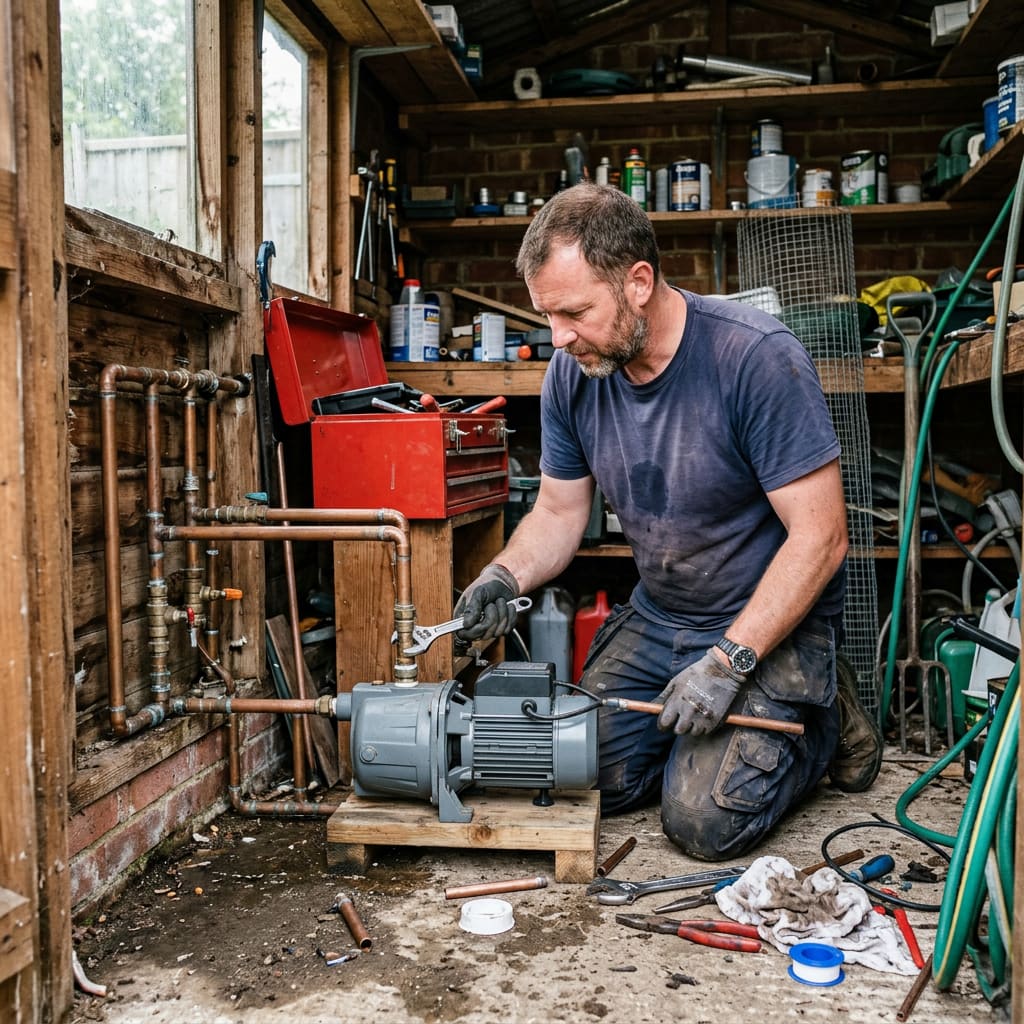 Technicien qui répare une pompe à eau dans un abri de jardin, image générée