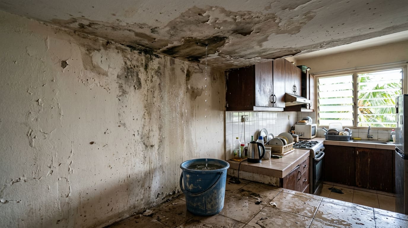 Plafond de cuisine abîmé par une fuite, seau posé au sol, image générée