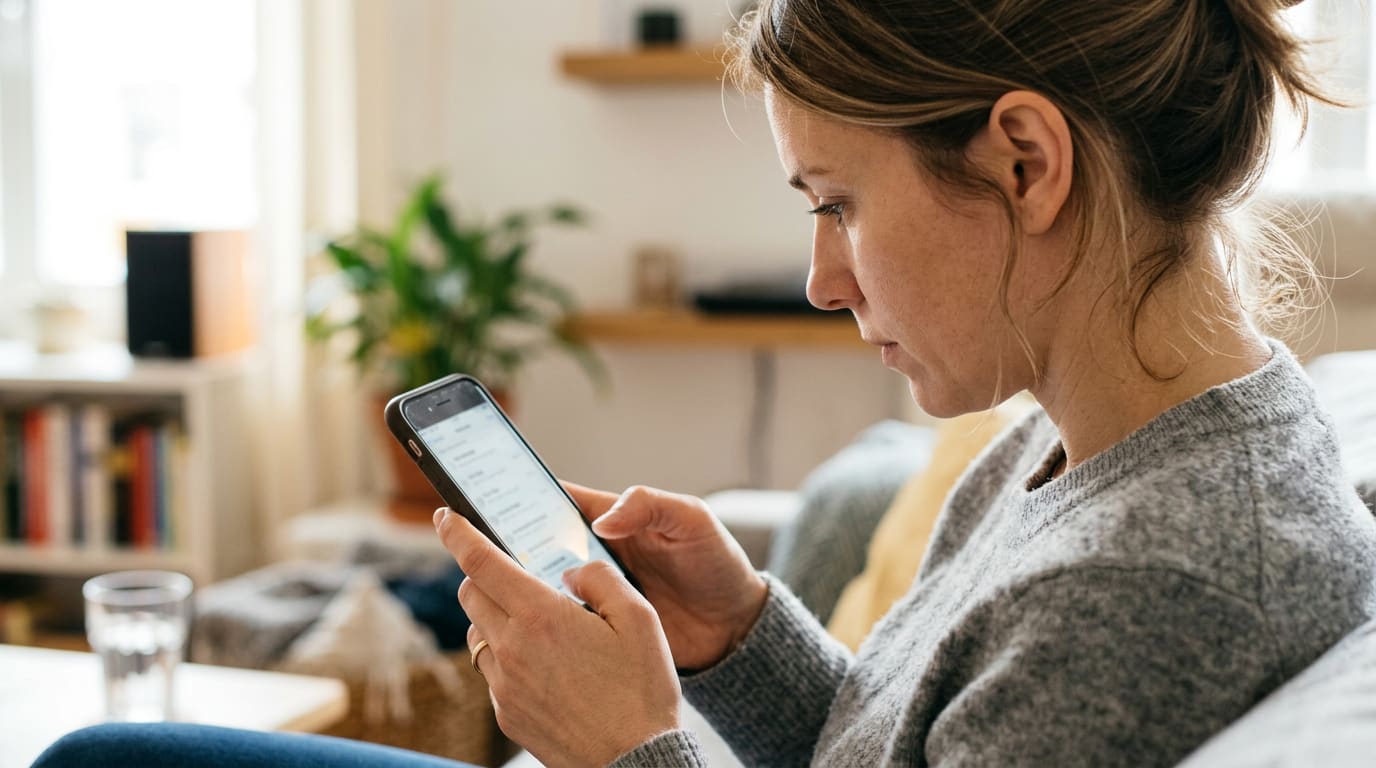 Femme assise sur un canapé qui consulte son téléphone, image générée